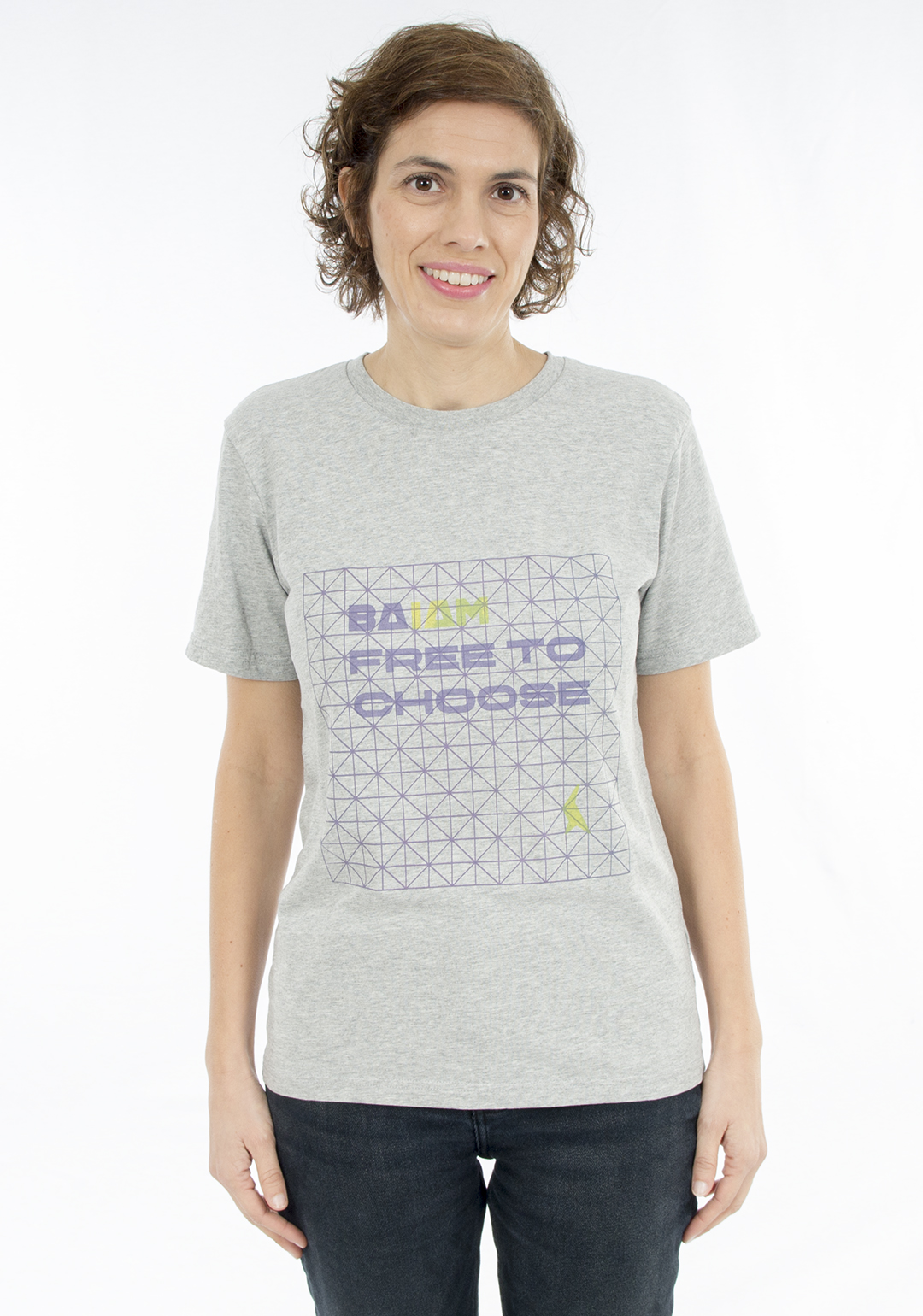 Camiseta de algodón gris estampada con tintes naturales Baia de frente